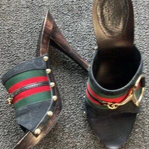 Gucci Black GG Canvas Vintage Web Horsebit Wood Slide Mule Sandals Size 7.5